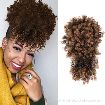 Hot Selling Brown Short Kinky Curly Chignon With Bangs Drawstring Ponytail Afro Puff Hair Pieces Synthetic Hair Bun Extensions